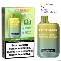 Pineapple Coconut 20 mg. Lost Mary BM1000 TURBO Vaper desechable