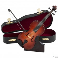 Violín decorativo miniatura en madera. Con estuche y soporte