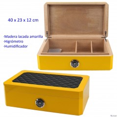 Humidor madera lacado amarillo concon higrómetro y humidificador 40 x 23...
