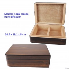 Humidor madera nogal lacada con humidificador 26,4 x 19,1 x 8 cm.
