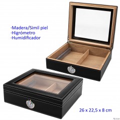 Humidor madera exterior simil piel con higrómetro y humidificador 26 x...