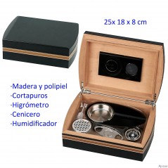Humidor polipiel negro/marrón con higrómetro, cortapuros, cenicero y...