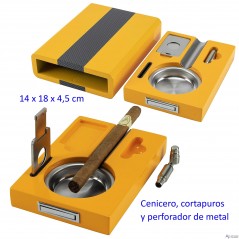Set de cigarros amarillo/carbono con cenicero, cortapuros y perforador 14...