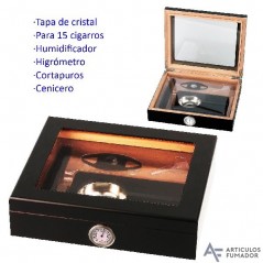 Set de regalo humidor negro con tapa de cristal para 15 cigarros con...