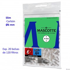 LOTE CAJA DE 20 BOLSAS FILTROS MASCOTTE CARBÓN SLIM 6mm, BOLSA DE 120 FILTROS