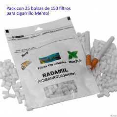 Pack con 25 bolsas de 150 filtros RADAMIL para cigarrillos Mentol