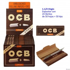 OCB 1.1/4 virgin + Tips Expositor 24 libritos de 50 hojas + 50 tips
