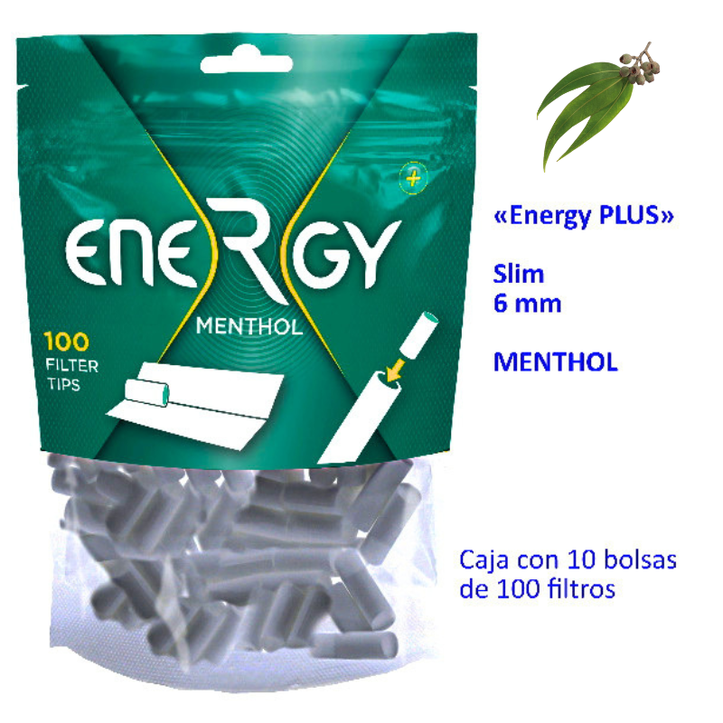 CAJA DE 10 BOLSAS FILTROS ENERGY MENTHOL 6MM DE 100 UDS CADA UNA CAJA DE 10 BOLSAS FILTROS ENERGY MENTHOL 6MM DE 100 UDS CADA UNA