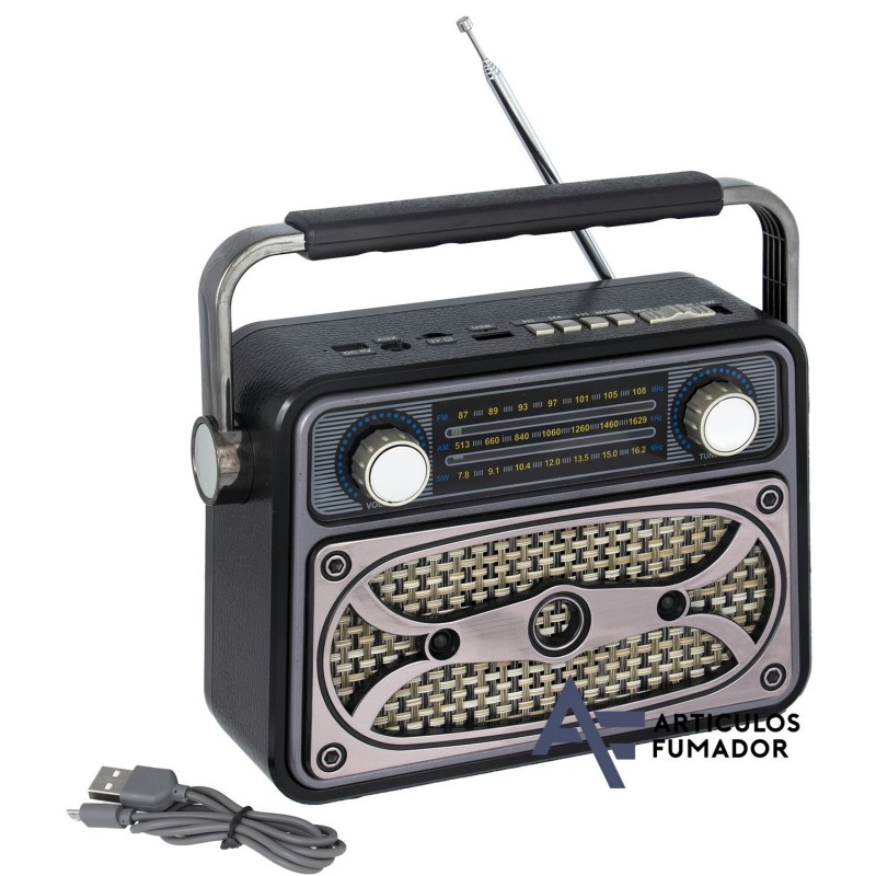 Radio vintage imitacion madera negra con dial analógico