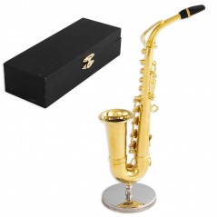 Saxofón  metálico  decorativo  miniatura.  Con  soporte  metálico  y  estuche