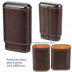 Purera en cuero marrón para 3 puros
