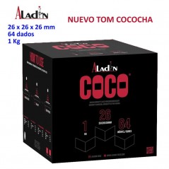 Caja de 1 Kg. Carbón vegetal «ALADIN COCO» con 64 dados de 26mm.